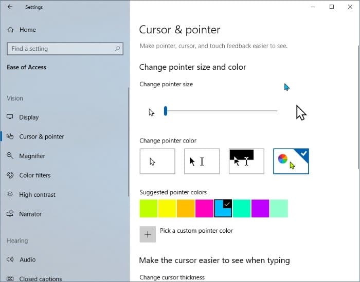 cursor options windows 10